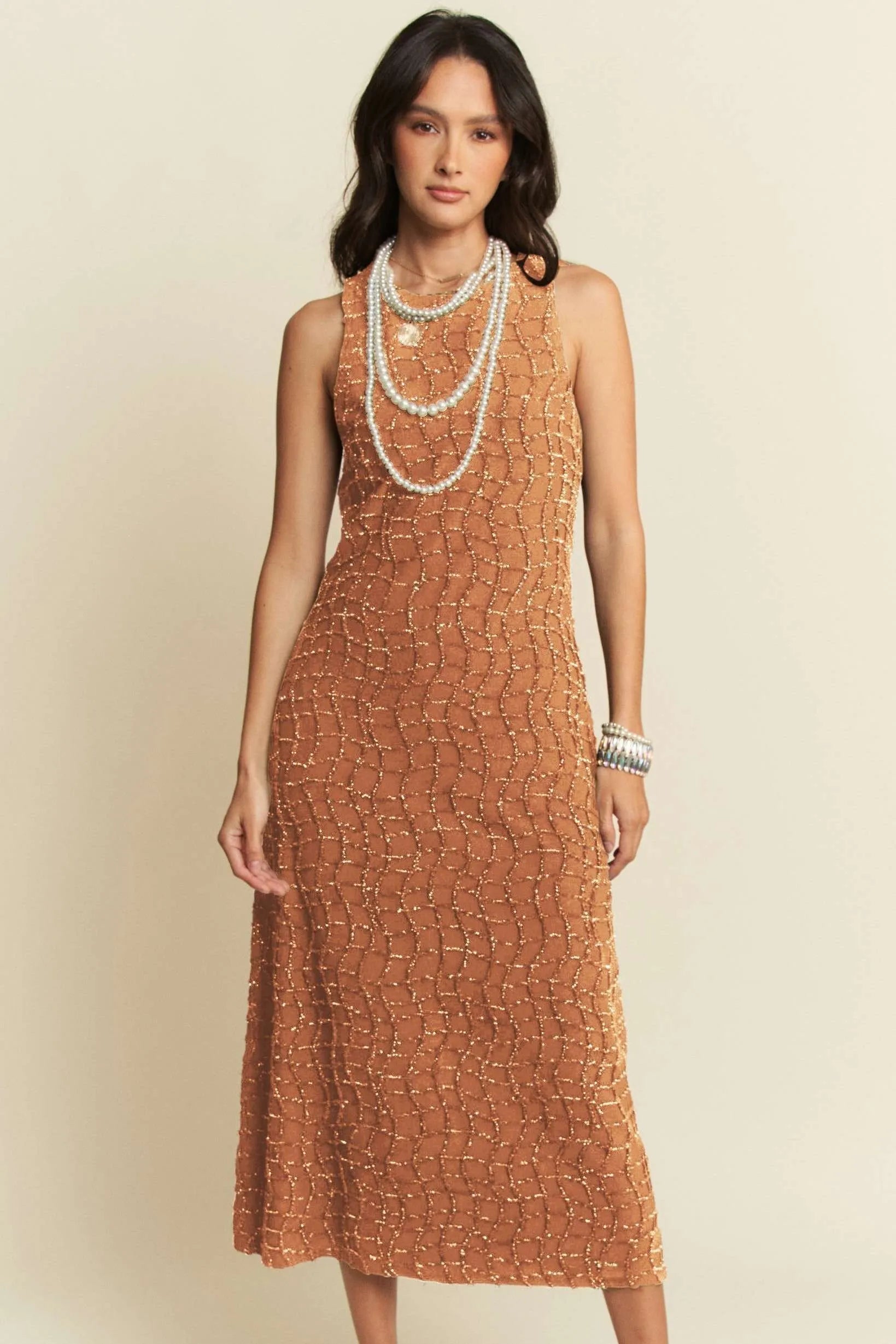 Golden Textured Zippered Midi Dress Davi & Dani