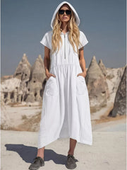 Hooded Midi Dress with Half‑Zip & Pockets – Relaxed Fit (Regular + Plus) Simmer & Fay White S