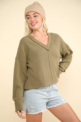 Exposed Seam V-Neck Ribbed Knit Top Very J Olive S