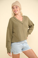 Exposed Seam V-Neck Ribbed Knit Top Very J Olive S