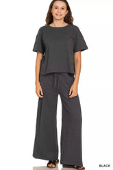 Cotton Slub Short Sleeve Tee and Pants Set ZENANA BLACK S