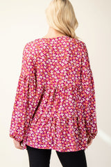 Floral V-Neck Balloon Sleeve Blouse Celeste
