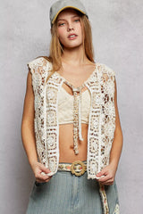 POL Tie Front Floral Pattern Crochet Vest with Scalloped Edge Trendsi