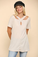 Crisscross Cutout Short Sleeve T-Shirt Celeste