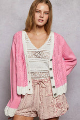 Button Down Cable-Knit Cardigan with Contrast Border Accents POL BARBIE PINK S