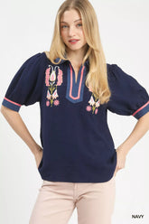 Embroidered Puff Sleeve Contrast Trim Top Umgee NAVY S