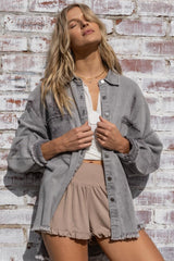 Distressed Button Down Raw Hem Grey Shacket POL
