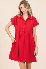 Twill Short Sleeve Collared Mini Dress Mittoshop RED S