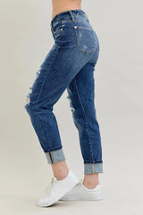 Mid Rise Cuffed Destroy Bf Jeans With Plus Size Judy Blue