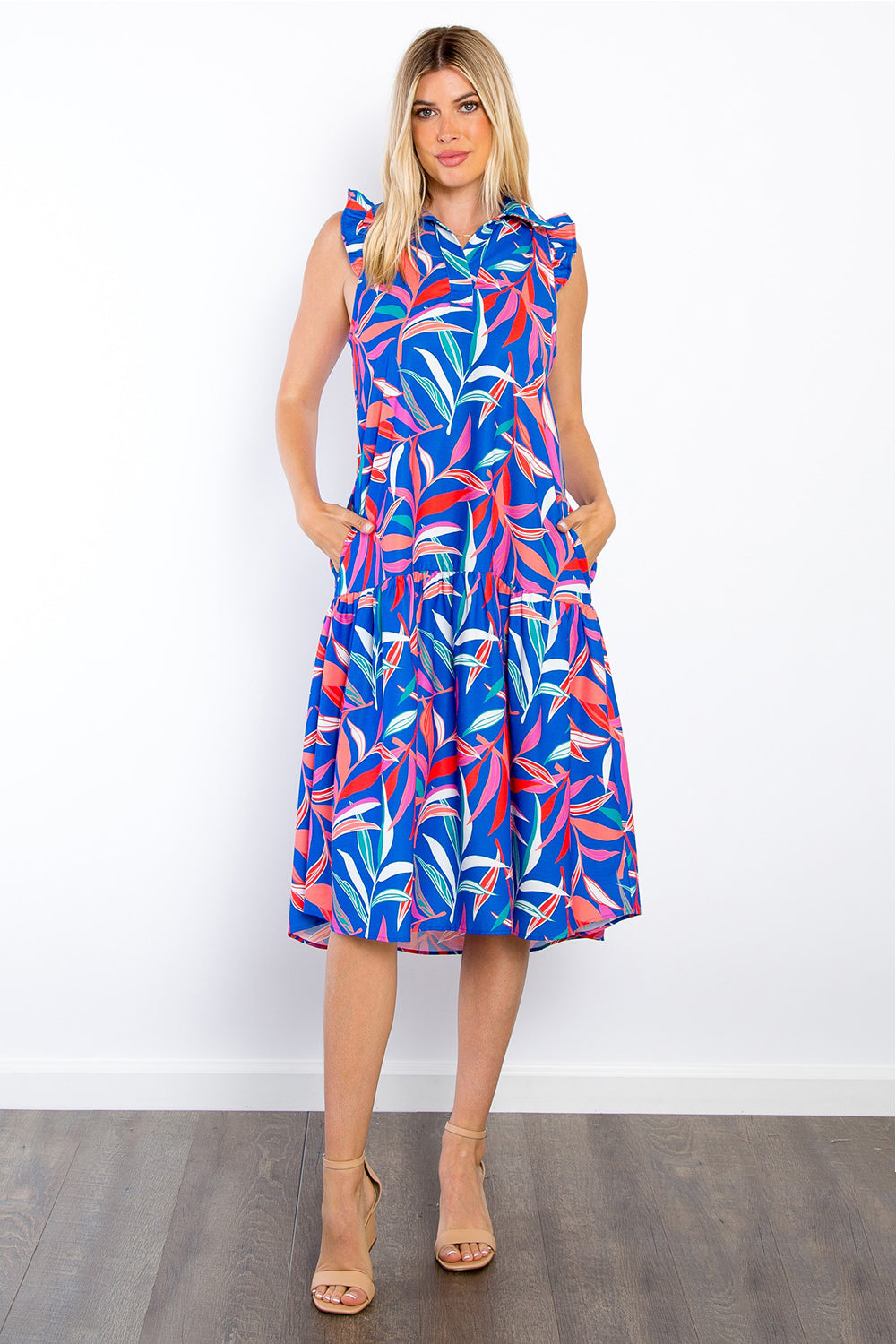 Leaf Print Ruffled Midi Dress with Pockets Be Stage Royal Blue S
