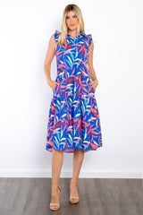 Leaf Print Ruffled Midi Dress with Pockets Be Stage Royal Blue S