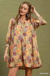 Mix Floral Print Smocked Cuff Mini Dress Umgee BROWN MIX S