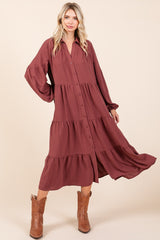 Tiered Button Down Long Sleeve Midi Dress Mittoshop