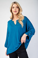 Notched Three-Quarter Sleeve Blouse Celeste Teal S