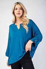 Notched Three-Quarter Sleeve Blouse Celeste Teal S