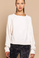 Round Neck Backless Sweater with Ribbed Edge POL Cream S