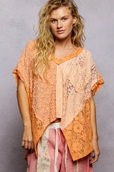Asymmetrical V-Neck Short Sleeve Lace Top POL ORANGE S