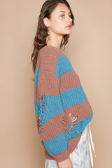 Striped Distressed Long Sleeve Sweater POL