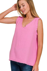Double Gauze Raw Edge V-Neck Tank ZENANA CANDY PINK S