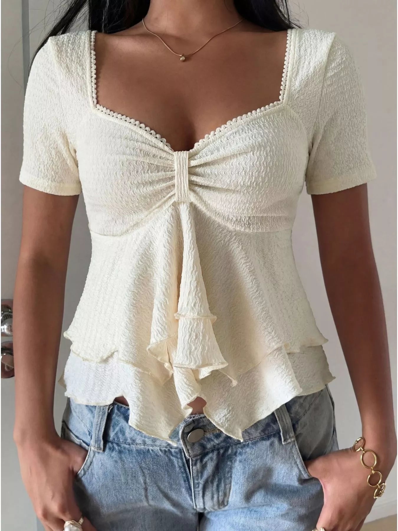 Simmer & Fay Sweetheart Neck Layered Ruffle Top in white with ruched front and layered ruffle peplum