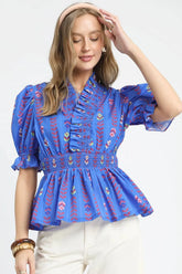 Printed Half Sleeve Peplum Blouse Umgee Blue S