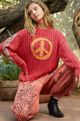 Washed Peace Patch Cable Knit Sweater POL