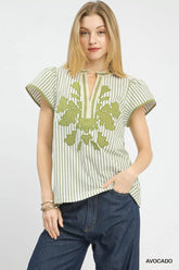 V-Neck Stripe Top with Lace Trim Umgee AVOCADO S