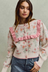 Flower With Ruffle Detailing Sweater Cardigan So Me
