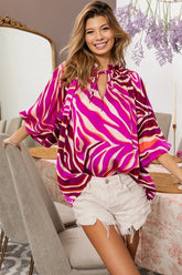 Tied Neck Half Balloon Sleeve Zebra Satin Top BiBi FUCHSIA MULTI S