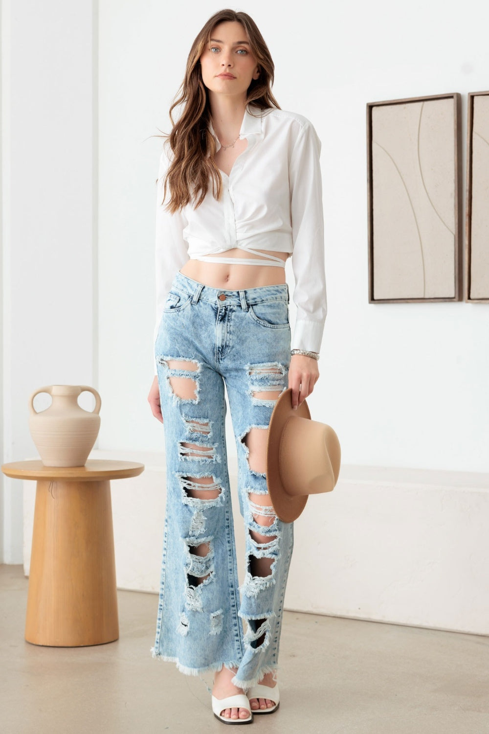 Distressed Frayed Hem Flare Jeans Litz LA Acid Wash Denim 1