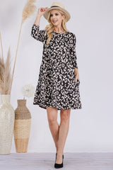 Leopard Print Three-Quarter Sleeve Dress with Pockets Celeste