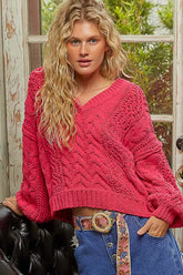 Cable-Knit Solid V-Neck Cropped Sweater POL FUCHSIA S