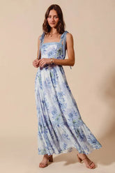 Floral Print Flowy Maxi Dress with Lace Ribbon Tie So Me
