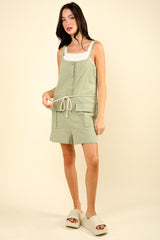 Half Button Down Drawstring Sleeveless Romper Very J Sage S