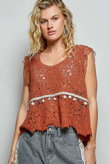 Lace Trim Openwork V-Neck Crochet Tank with Scalloped Edge POL