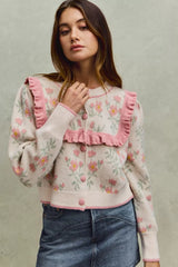 Flower With Ruffle Detailing Sweater Cardigan So Me