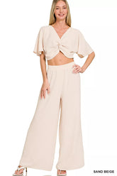 Woven Airflow Twisted Top & Wide Leg Pants Set ZENANA SAND BEIGE S