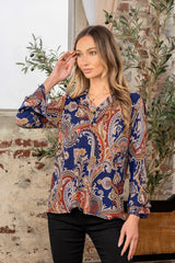 Wrinkle Free Paisley Print Long Sleeve Top Sew in Love