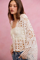 Floral Pattern Crochet Knit Tie Front Crop Cardigan So Me