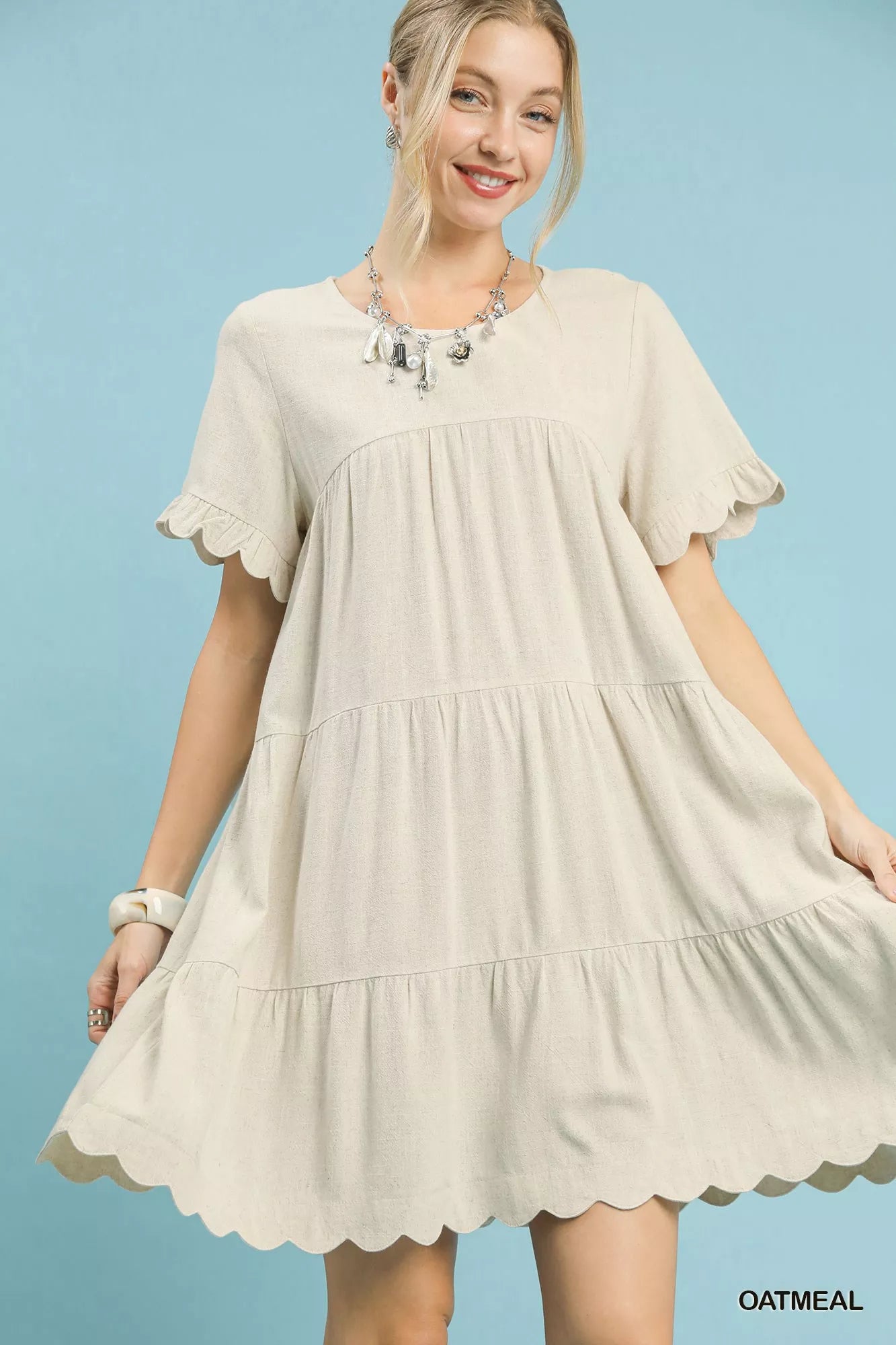 Linen Tiered Babydoll Dress with Ruffle Sleeves Umgee OATMEAL S