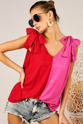 Relaxed Shoulder Ribbon Tied Contrast Tank Top BiBi Red/Fuchsia S