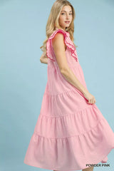 Seersucker Ruffle Sleeve Tiered Midi Dress Umgee