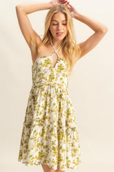 Floral Print Halter Neck Tiered Mini Dress HYFVE Yellow-Green L