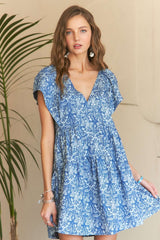 Printed V-Neck Ruffle Sleeve Mini Dress Adora