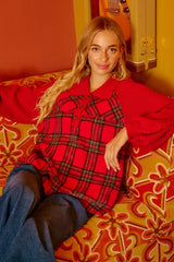 Plaid Buttoned Collared Top with Sweater Sleeve BiBi