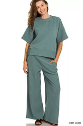 Ribbed Round Neck Tee & Pants Set ZENANA ASH JADE S