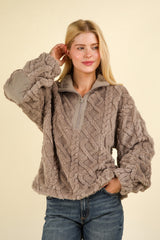 Fuzzy Fleece Half Zip Cable Pattern Sweatshirt Very J