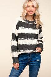 Striped Contrast Distressed Sweater Haptics Charcoal/Ivory S