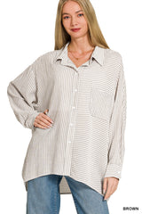 Woven Stripe Button Down Shirt ZENANA BROWN S/M