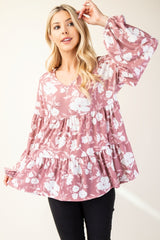 Tiered Floral V-Neck Long Sleeve Blouse Celeste
